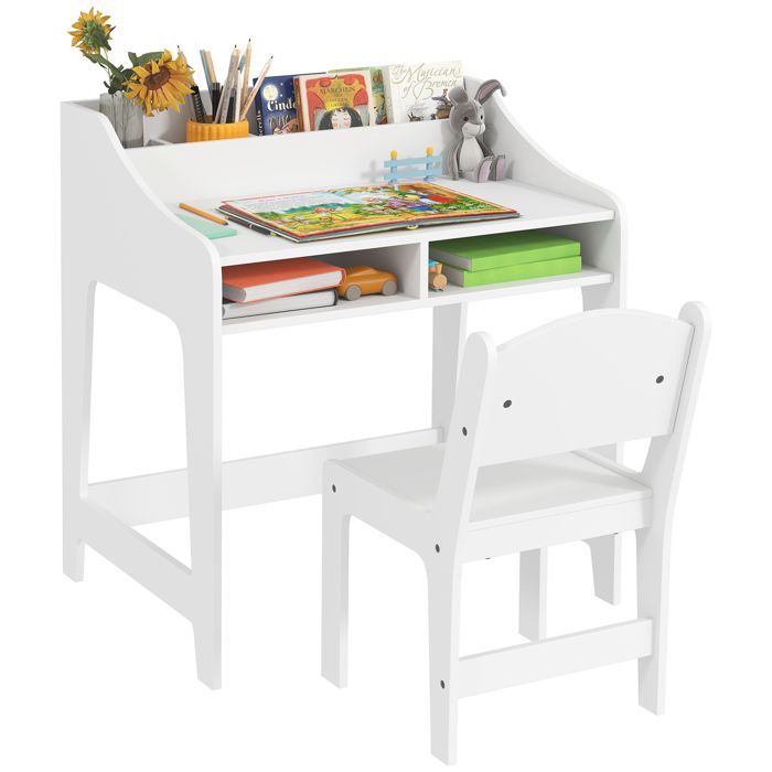Conjunto de escritorio y silla infantil - AIYAPLAY - De 3 a 8 años - Compartimentos abiertos y estantes - Blanco