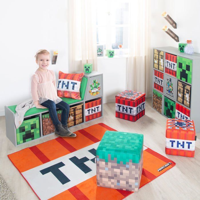 2-in-1 Aufbewahrungsbank – ROBA – Minecraft – mit 2 Kissen und 4 Aufbewahrungsboxen – Grau