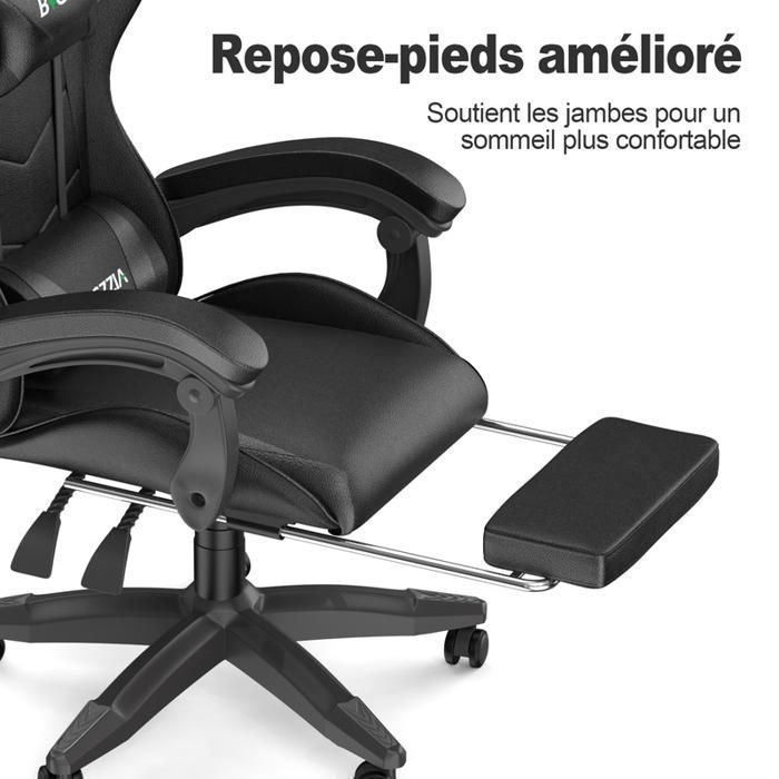 Chaise de gaming de bureau avec repose-pieds ergonomique, pivotant à 90 °, avec coussin lombaire & appuie-tête, réglable en hauteur