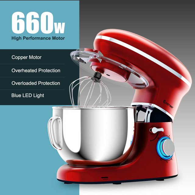 Costway 6-Gang-Küchenmaschine mit 660 W, Knethaken, Schneebesen und Rührbesen, 6,3-Liter-Küchenmaschine mit kippbarem Motorkopf, Weiß