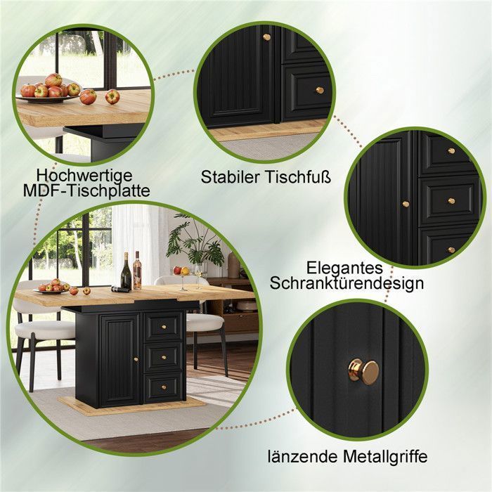 Table cuisine extensible bois 4 à 6 personnes, table salle à manger rangement avec 2 tiroirs, étagère et porte, 110–140x80 cm, Noir