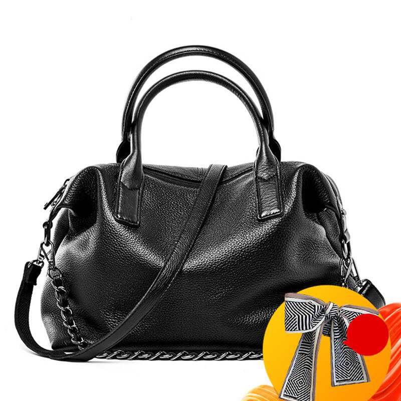 Sac à main noir classique pour femme, 100 % cuir, grand sac bandoulière élégant.