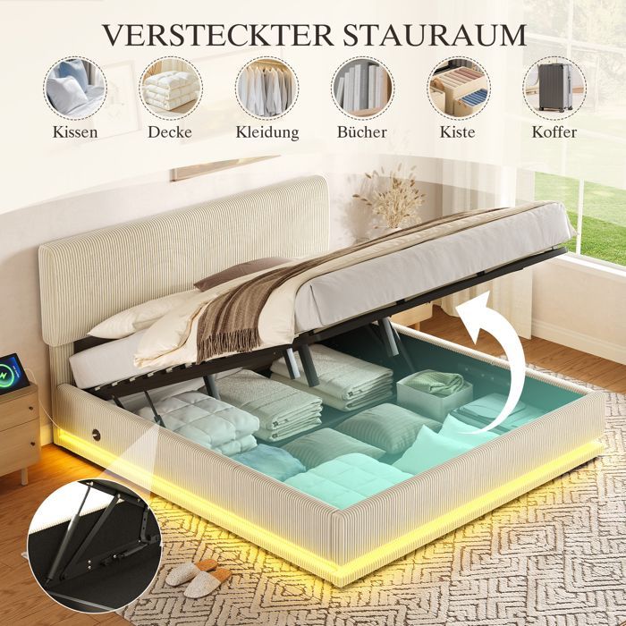 Cama con almacenamiento de 180x200 cm - con almacenamiento integrado, iluminación LED y carga USB-C, cabecero ajustable, base de láminas incluida - Pana - Beige