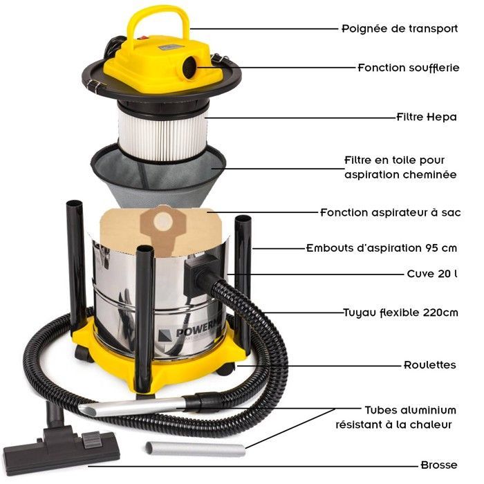 Aspirateur 2en1 industriel et vide cendre 2000W 20L - POWERMAT - Cuve inox - Filtre HEPA - Accessoires inclus