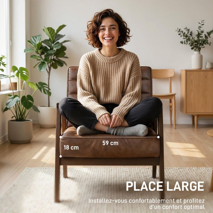 Sillón - HOMCOM - asiento ancho, cojín grueso y estructura de madera maciza - para salón, dormitorio, rincones de lectura - PU - marrón