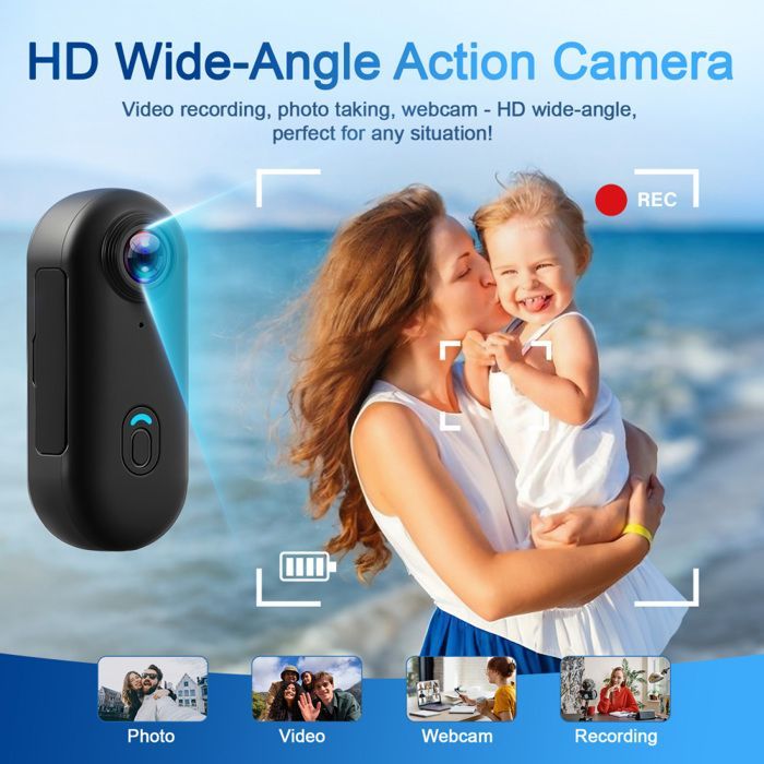 Mini videocamera sportiva da 64 GB, registrazione video 1080p con audio e video, morsetto magnetico a 360°, action cam multifunzionale grandangolare a 120°