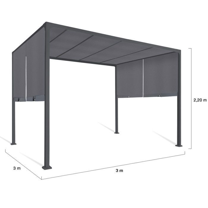 Pérgola corredera IDMARKET de 2 lados, 3x3 m, cenador de jardín, lona gris antracita