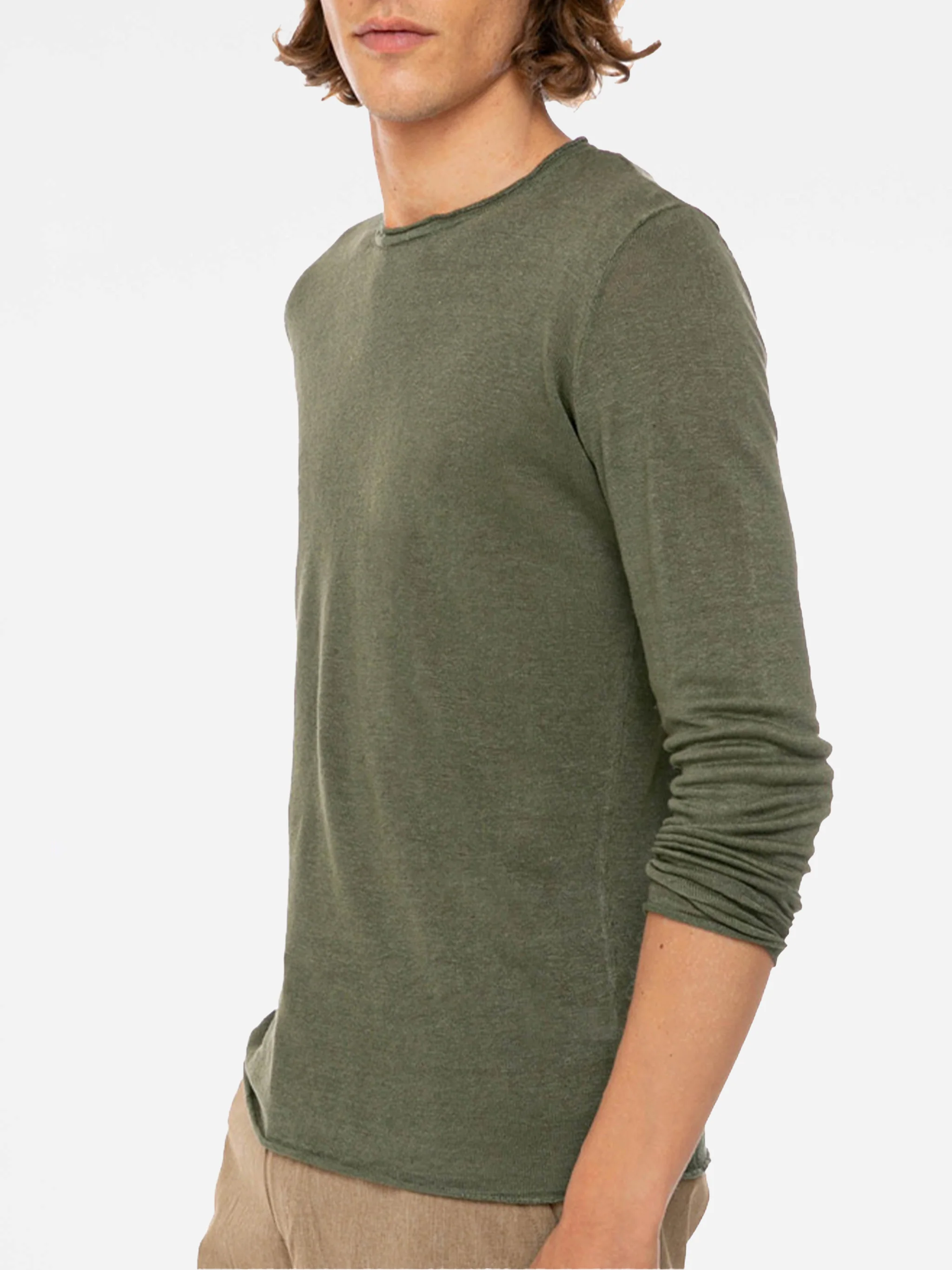 Heren legergroen linnen T-shirt met lange mouwen