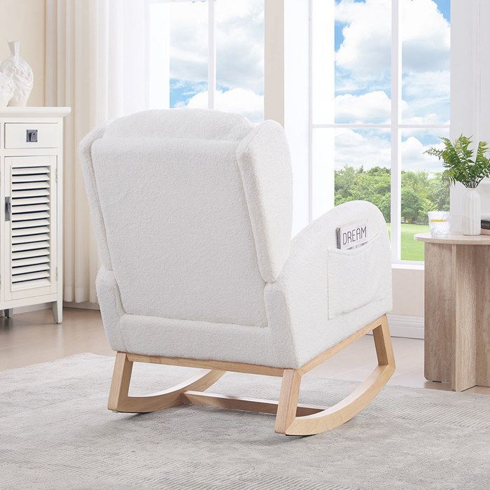 Scandinavian rocking chair, comfortable nursing chair, white teddy fabric, integrated pocket