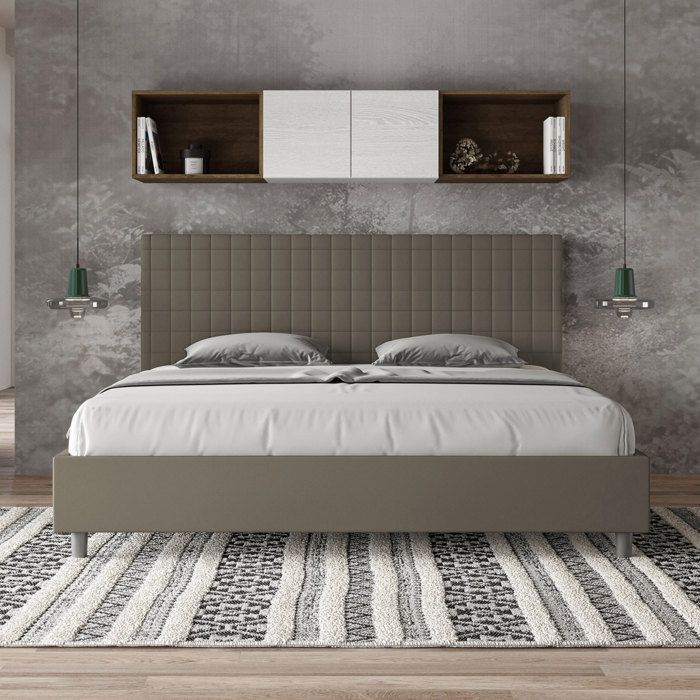 Cama king size - Ityhome - 200x210 cm - Couro sintético cappuccino - Cabeceira estofada - Design contemporâneo
