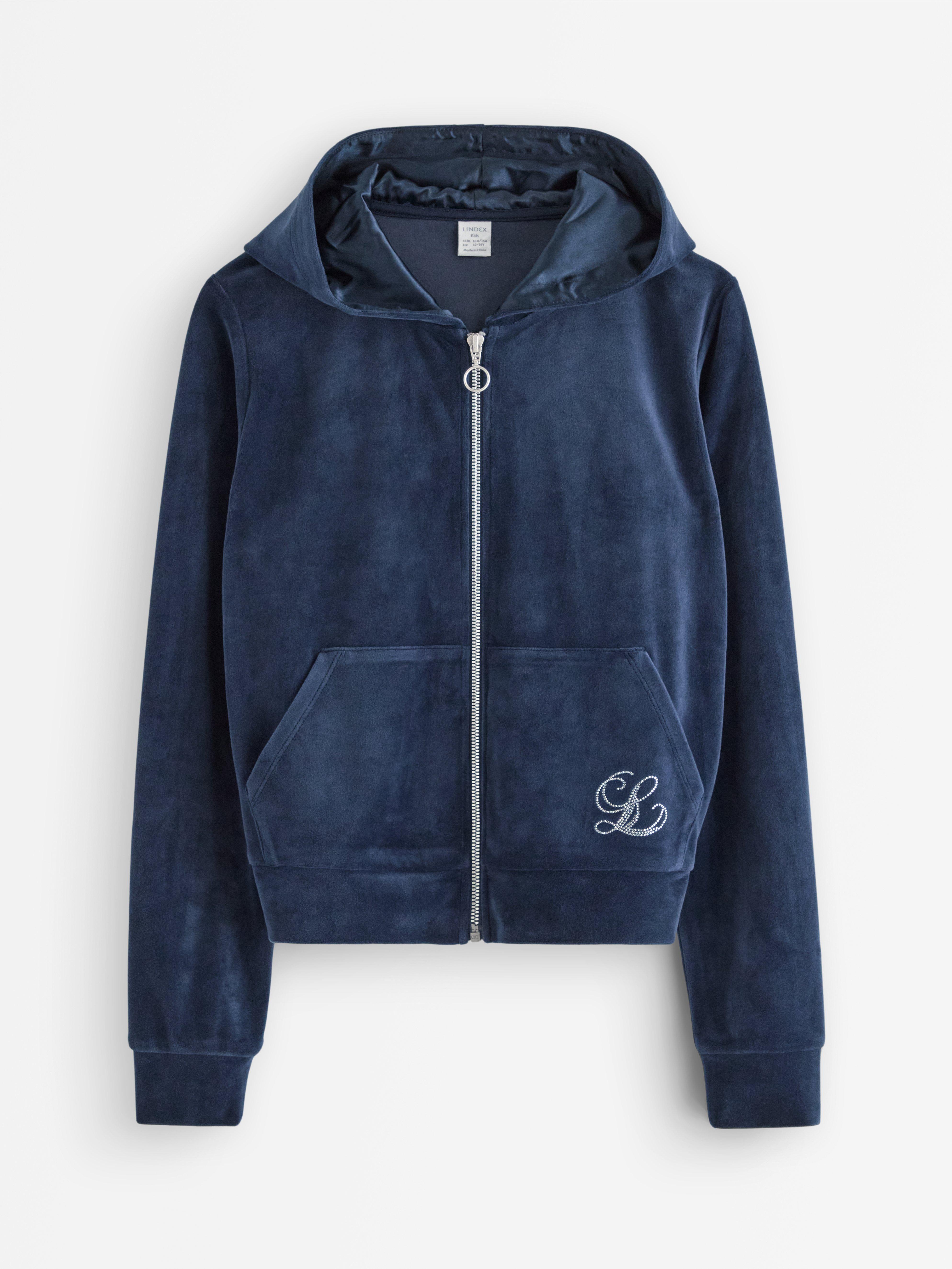Hettegenser i velour marineblå