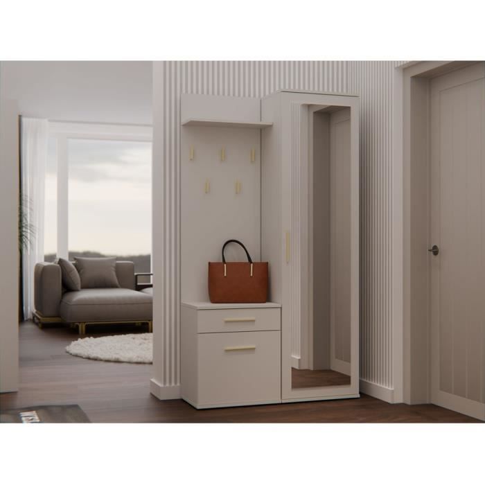 SHEILA - Vestiaire d'entrée avec miroir - Armoire + porte-manteau - Rangements chaussures - Beige