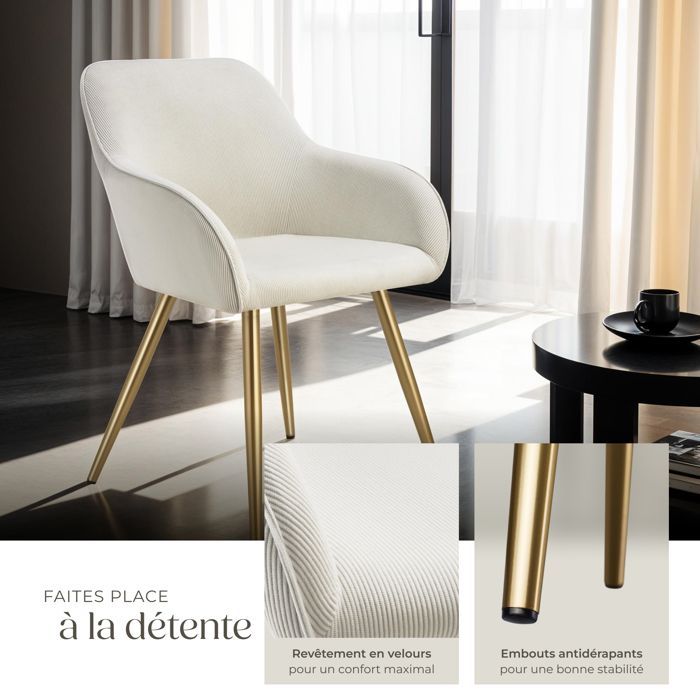 Chaise - TECTAKE - Fauteuil de salle à manger MARYLIN en velours côtelé avec pieds en acier noir - Crème/Doré