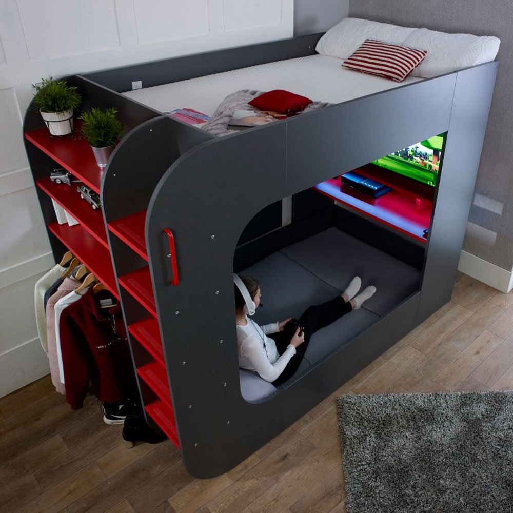 PodBed grå og rød gaming højseng med grå sofa