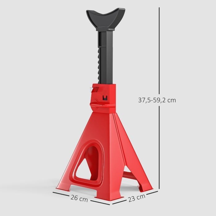 Soportes de gato ajustables de 6 toneladas - 2 piezas - Rojo - Acero - Altura ajustable de 375 a 592 mm - 13 niveles