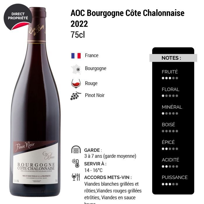 Cave de Bissey Bourgogne Côte Chalonnaise Pinot Noir 2022 - Burgundy Red Wine (6x75cl)