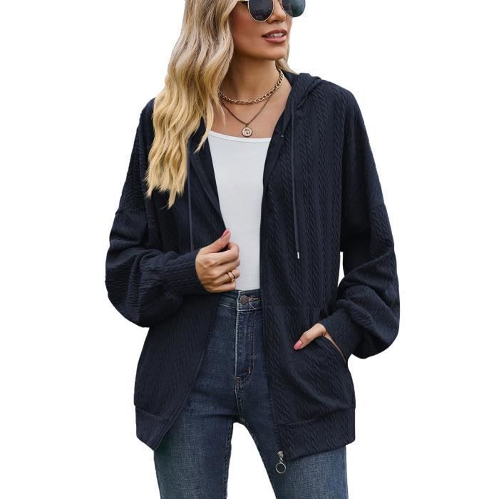 Sweat À Capuche Femme - INSFITY - Couleur Unie - Bleu marine - Manches Longues - Fermeture Zippée