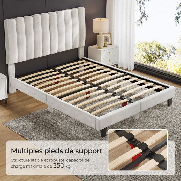 Cama HavenlyHome 160x200 cm, Cama Estofada em Veludo com Cabeceira e Estrado de Ripas, Cama de Casal para 2 Pessoas, Bege