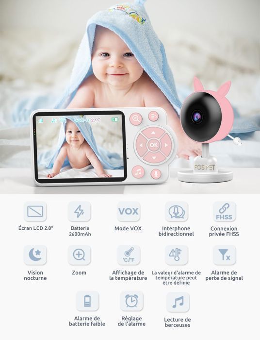 FOSMET BabyPhone Camera, Zoom 4X/2.4GHz Communication Bidirectionnelle/Berceuse/Vision Nocturne/VOX/Capteur de Température, Rose