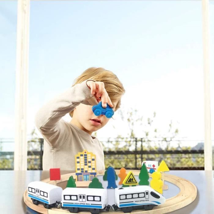 Pista per trenino elettrico in legno, gioco educativo di avventura con macchinine per bambini