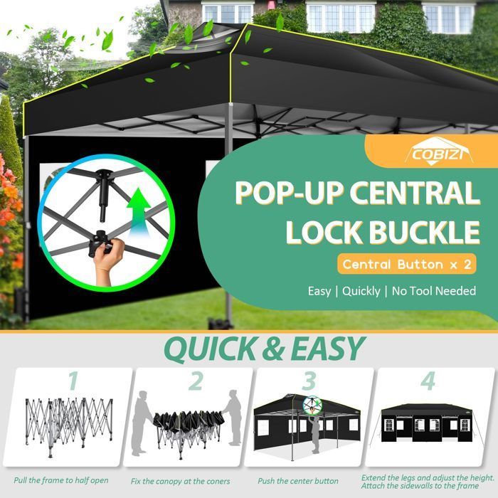 Tonnelle Pliante 3x6, Tonnelle de Jardin Exterieur, Imperméable Tente de Reception avec 6 Panneaux Latéraux，Noir