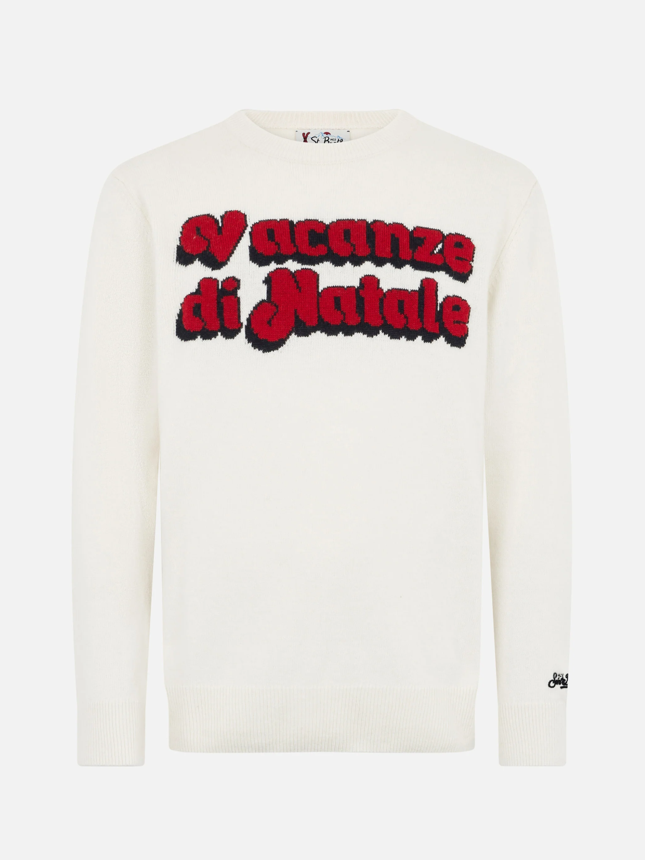 Heron White Crew-Neck Sweater – Ribboordkraag en -manchetten, speciale kersteditie met jacquardprint en St. Barth-logo | MC2 Saint Barth