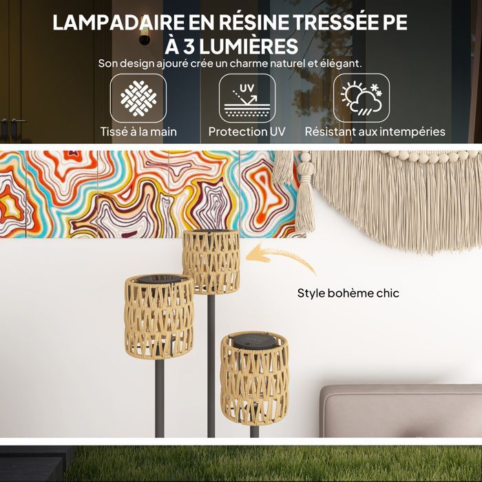 Luminária de chão solar para exterior Outsunny - 3 lâmpadas com sensor e prateleira - estilo boémio - resina trançada - Ø37 x 144 cm - amarela