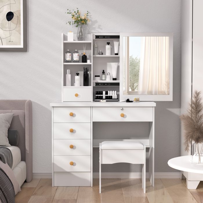 Dressing Table with Sliding Mirror - Modern Makeup Table - 6 Drawers - 3 Shelves - 80x37x122cm