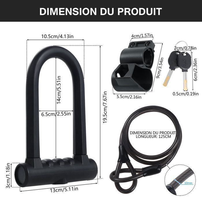 Cadeado em U para bicicletas e scooters elétricas, cadeado para bicicleta em liga de aço, cadeado para motocicleta com cabo de aço flexível de 125 cm, preto