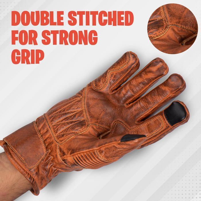 Guantes impermeables para moto ADM con pantalla táctil, ideales para motocross y quads, con aspecto vintage desgastado, color marrón.