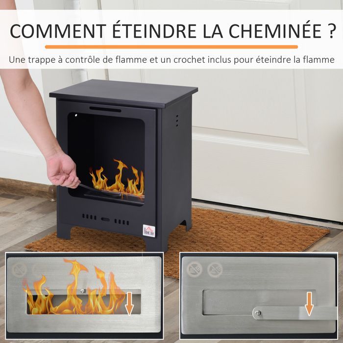 Chimenea de bioetanol - HOMCOM - independiente, quemador de 0,9 L, 3 horas de duración, estilo neorretro, acero, 40x30x50 cm, negra