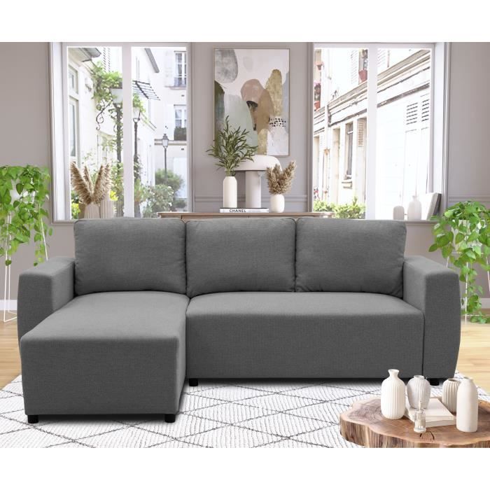 Divano letto angolare reversibile per 3-4 persone - PHARELL - Tessuto antracite - Vano contenitore - L 224 x P 155 x H 85 cm
