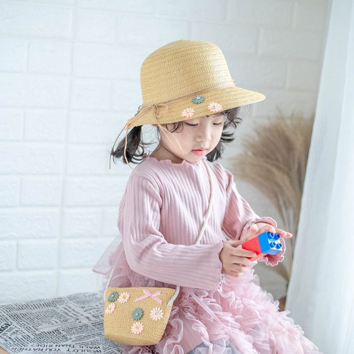 Conjunto de sombrero de paja y bolso para niña FUNMOON, pequeño, de 2 piezas, con estampado floral, nueva colección - 592091