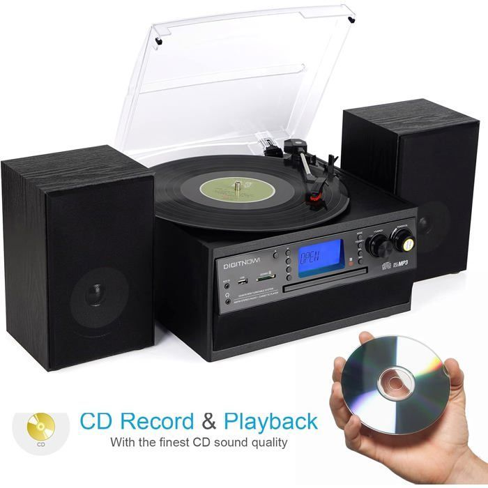 Toca-discos Bluetooth - CACTOSE - Vintage - Leitor de CD e Cassete - Rádio AM/FM - Estéreo Independente