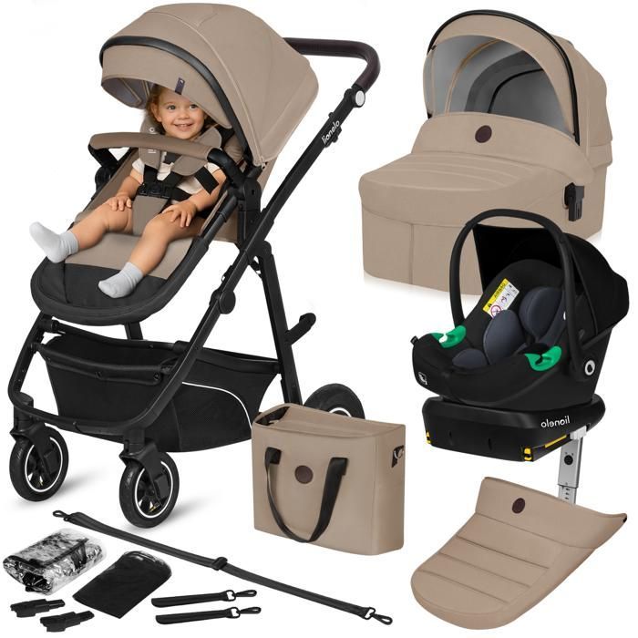 LIONELO Bianka 4-in-1 Travel System - Up to 22kg - Includes stroller, carrycot, car seat, ISOFIX base, bag and accessories - Beige