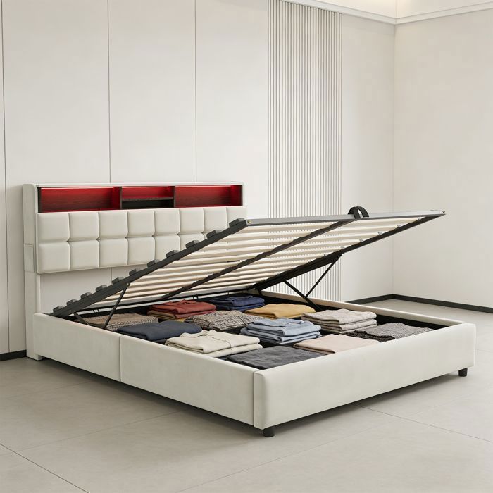 Cama doble tapizada de 160 x 200 cm, con cabecero y espacio de almacenamiento, estructura hidráulica, colchón no incluido - YubNct
