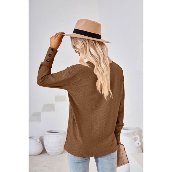 Jersey informal de manga larga con cuello en V y color liso para mujer, con botones, ideal para primavera y otoño - Talla europea - Café