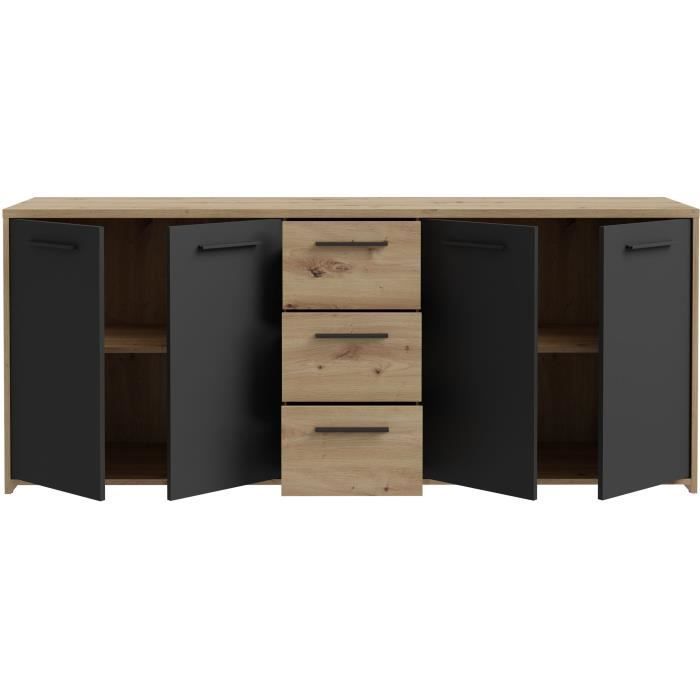 Buffet PILVI - Style contemporain - Particules mélaminé -Décor Chêne artisan et Noir- 4 portes + 3 tiroirs - L179,2 x P42 x H74,5