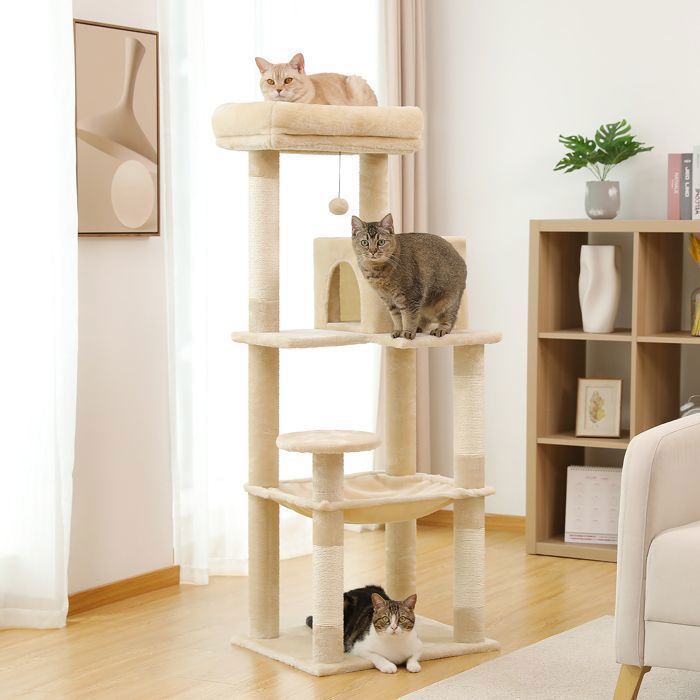 Árvore para Gatos PAWZ Road, Design Espaçoso, Rede Grande e Resistente com Casinha para Gatos - Bege - 143 cm