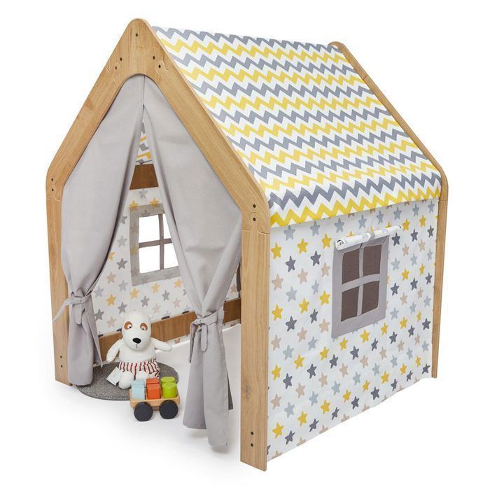 Cozy Kids - Wooden Children's Playhouse with Fabric Tent - Yellow and Grey Indoor Montessori Play House