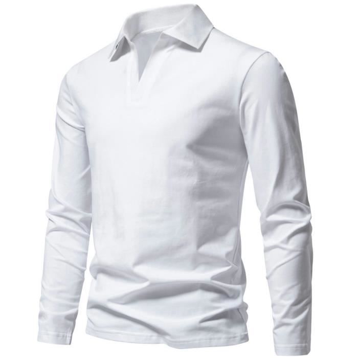 Camiseta informal de manga larga con cuello en V para hombre, tejido de algodón cómodo, color liso - Blanco