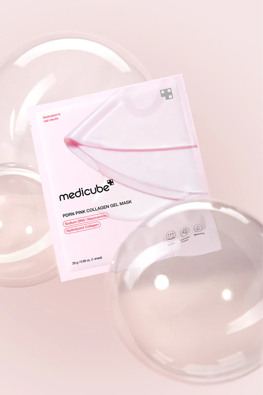 Máscara de gel de colágeno rosa PDRN da medicube: máscara firmadora e lifting com colágeno.