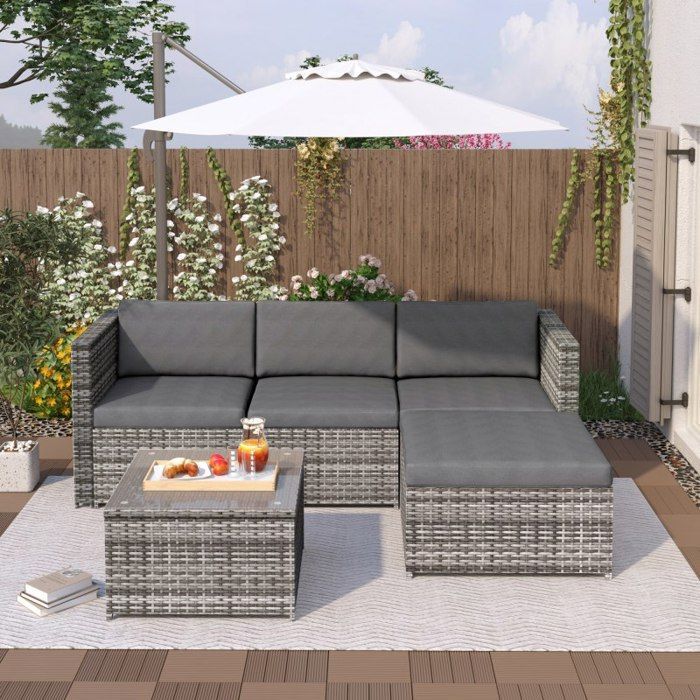 Conjunto de muebles de jardín para exteriores - LANGTU - Conjunto de salón esquinero - Poliratán gris - Fundas de cojín extraíbles - Mesa de cristal templado