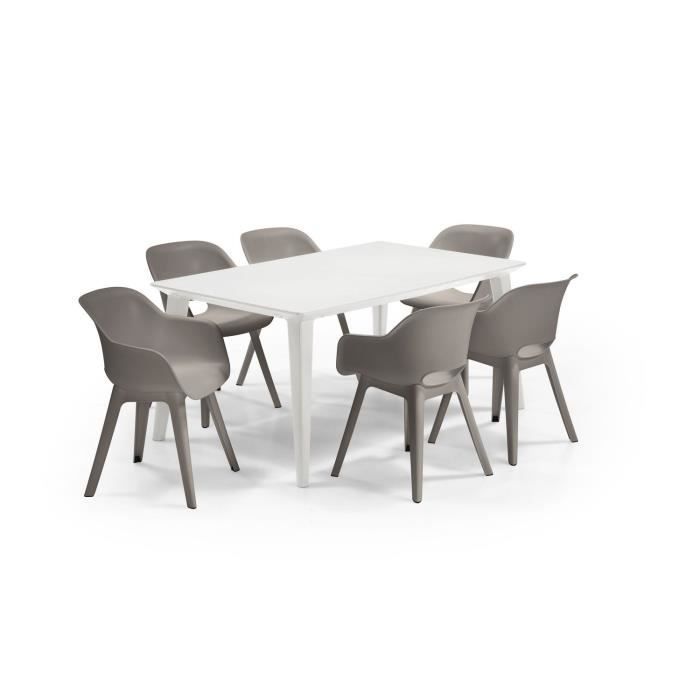 Mesa ALLIBERT GARDEN LIMA 160x100cm - Blanca + 6 sillas AKOLA Cappuccino - Resina