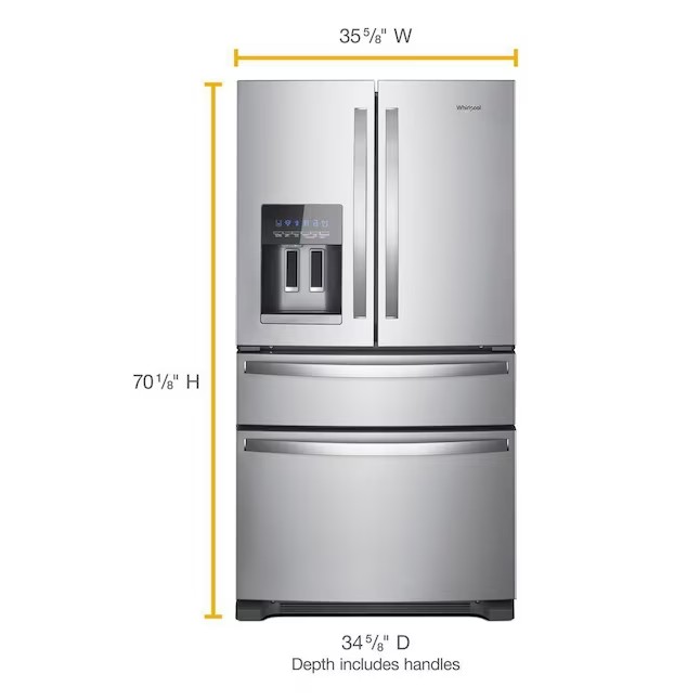 Whirlpool 24,5 köblábas, 4 ajtós, franciaajtós hűtőszekrény jégkészítővel (ujjlenyomat-taszító rozsdamentes acél) ENERGY STAR minősítésű