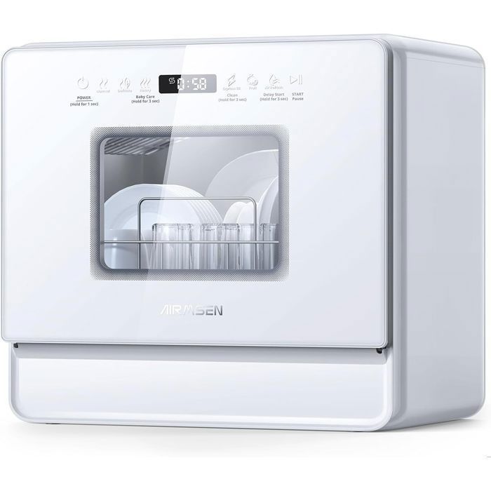 AIRMSEN Mini Dishwasher, No Plumbing Required, 5 Place Settings, 9 Programs, Freestanding, 5L Salt and Fabric Softener Reservoir for Small Kitchens
