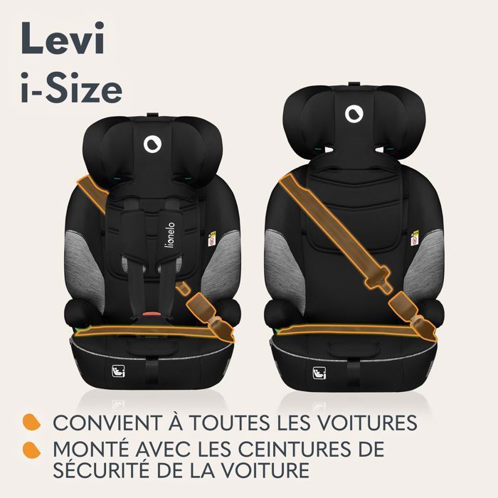 Silla de coche convertible LIONELO Levi i-Size - Grupo 1/2/3 - Negra - Arnés de 4-5 puntos - Reposacabezas ajustable