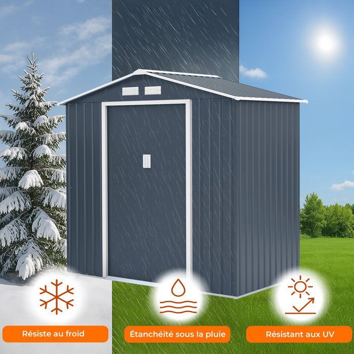 Metalen tuinschuur 2,71 m² - 213 x 127 x 195 cm - PLUTON - Inclusief verankeringsset, 2 schuifdeuren - Grijs