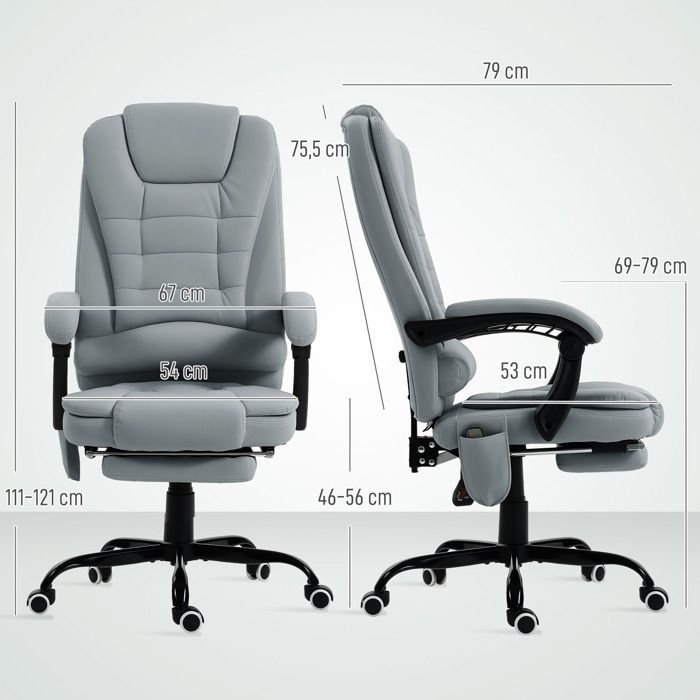 Vinsetto massage office chair - adjustable height, reclining backrest and wired remote control - grey