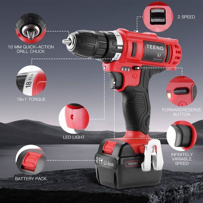 TEENO 21V Cordless Drill/Driver - 2 Lithium-Ion Batteries - 2 Speeds - 22 Accessories